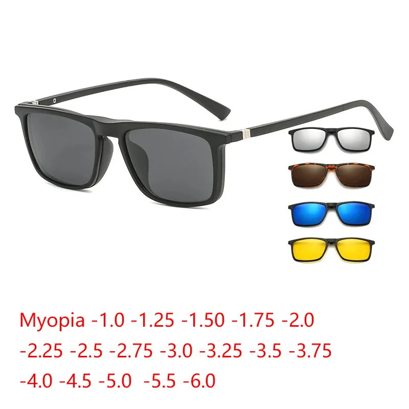 6 In 1 Polarized Myopia Sunglasses Men Women Magnetic Clip On Glasses TR90 Optical Prescription Eyeglass Frames -0.5 ~ -10