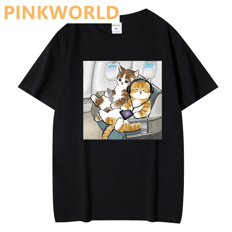 Kawaii A cat packed in a suitcase print ladies T-shirt casual basis O-collar Black white Women shirt short sleeve ladies Tshirt