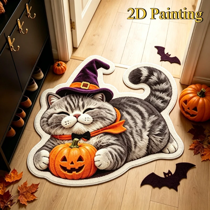 2D Painting Rug Irregular Wizard Silver Tiger Spotted Cat Hugging Pumpkin  Doormat Cute Cartoon Living Room Carpet Halloween Rug