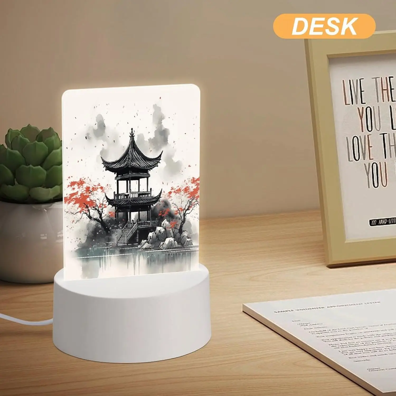 Chinese Ink‑wash Pavilion Landscape Acrylic Night Light, LED Bedside Lamp Oriental Art Home Decor Gift
