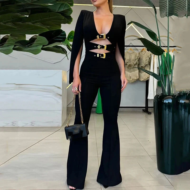 Women Casual Split Long Sleeve Party Playsuits Sexy Low-cut V-neck Skinny Long Jumpsuit Fashion Metal Buckle Hollow Solid Romper