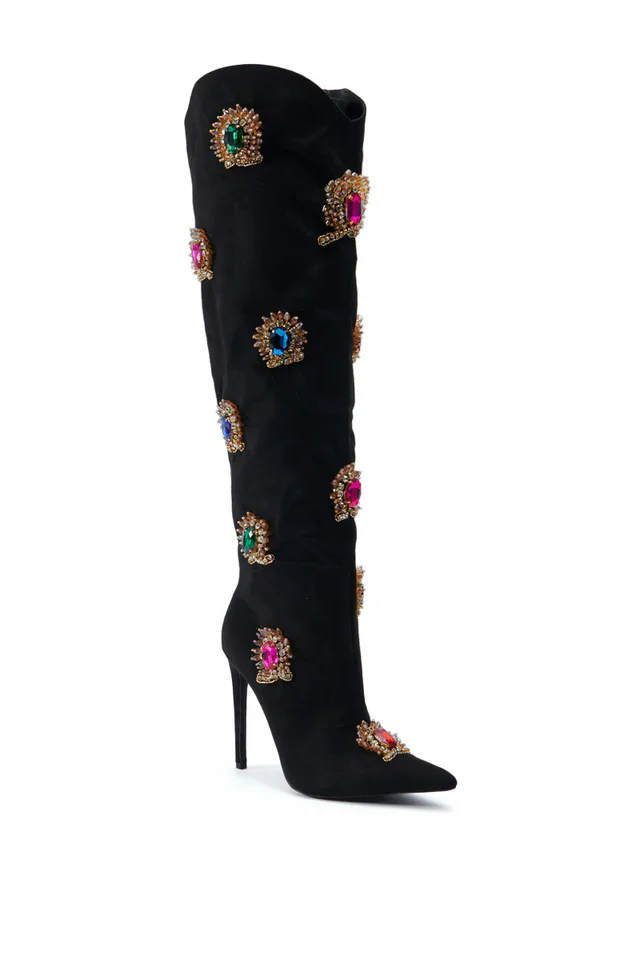 2025 Sexy Knee High Black Flock Crystal Decor Boots Stilettos High Heel Women Shoes Side Zipper Pointed Toe Zapatos Para Mujere