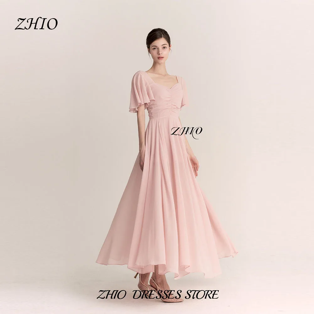 

ZHIO Pink Chiffon Evening Dress Square Neck Ruffled Sleeves Ruched Bodice A Line Maxi Gown for Formal Occasions Customized