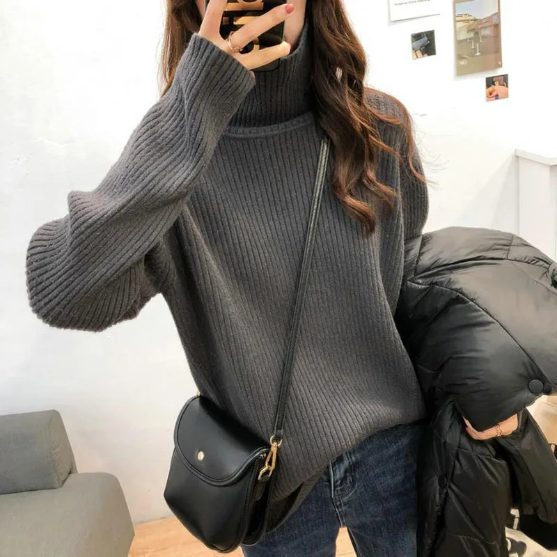 Frauen Einfarbig High Neck Pullover Herbst Winter Mode Einfache Gestrickte Top Koreanische Beiläufige Lose Grundlegende Pullover Tops