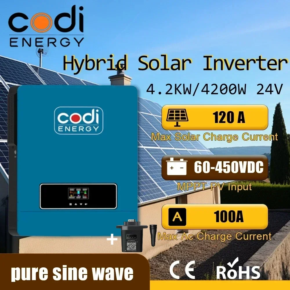 New Codi MPPT 24v hybrid solar Inverter 4200W 4.2KW pure sine wave 24v off-grid 500VDC large charging controller built-in 120A