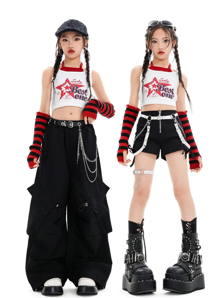 Girls Street Dance Clothes Fashion Short Sleeve Tops Baggy Pants Cheerleading Dance Performance Costume Kids Group Hip Hop Suit