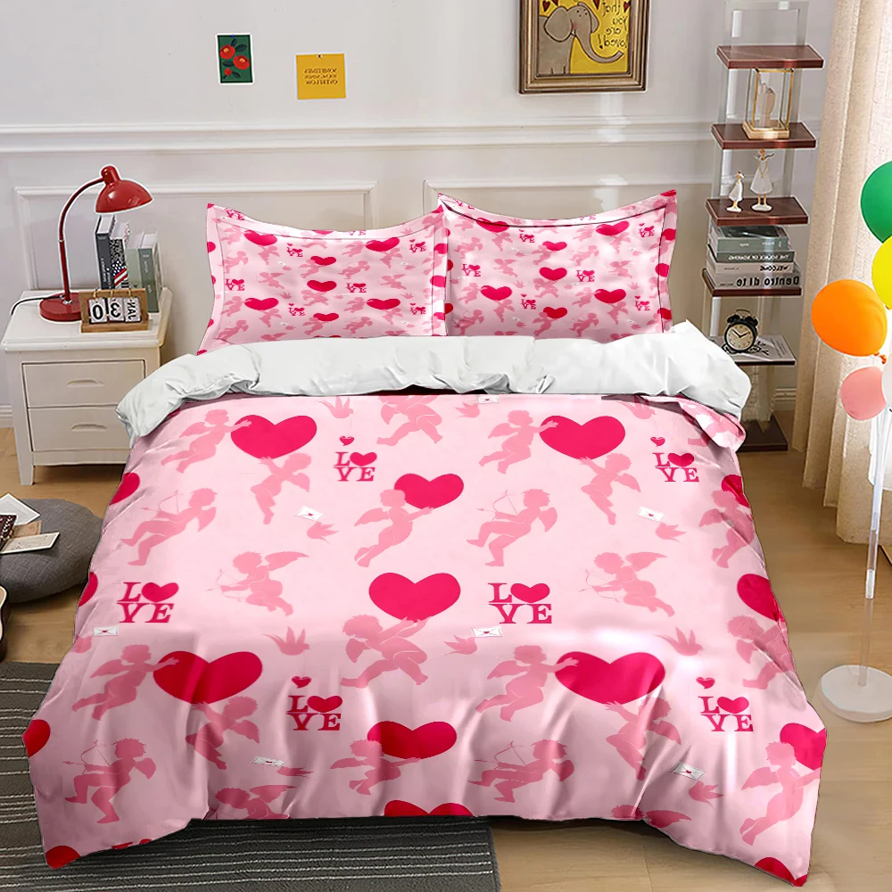 Pink background with Cupid patterns Print Bedding Set 1 Duvet Cover 2 Pillowcases for Adult and Children Luxury Gift Full Size