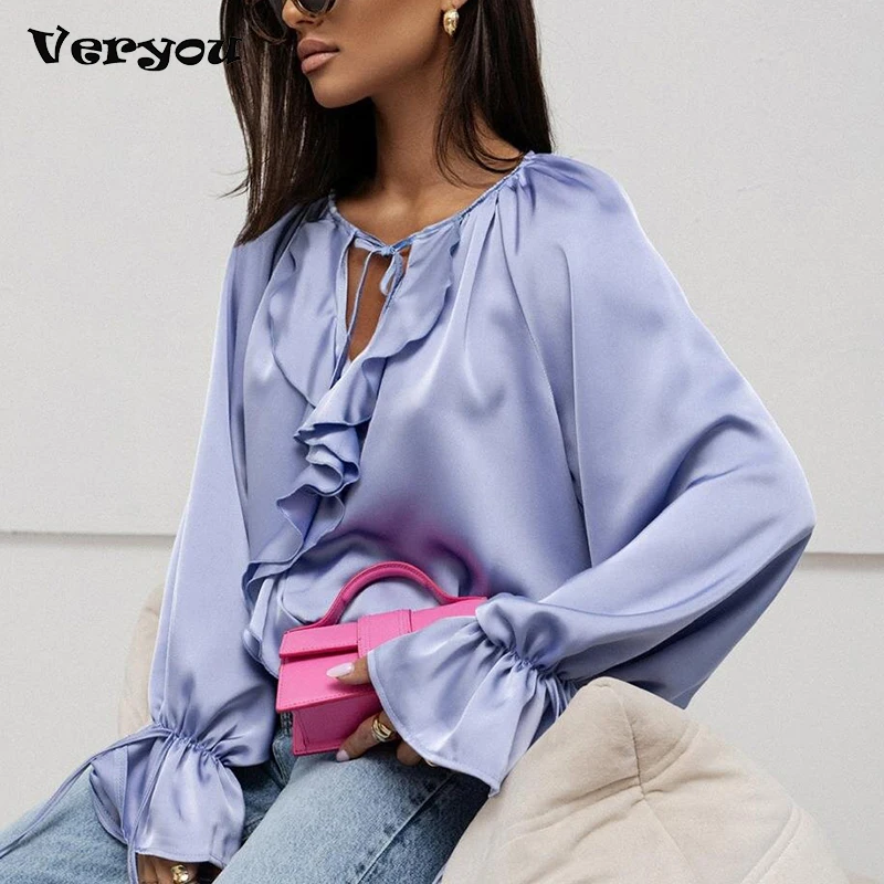 

Elegant Women Long Sleeve Blouses Shirt Solid V Neck Women Shirt Ruffle Tops Office Lady Blouses Female Blus