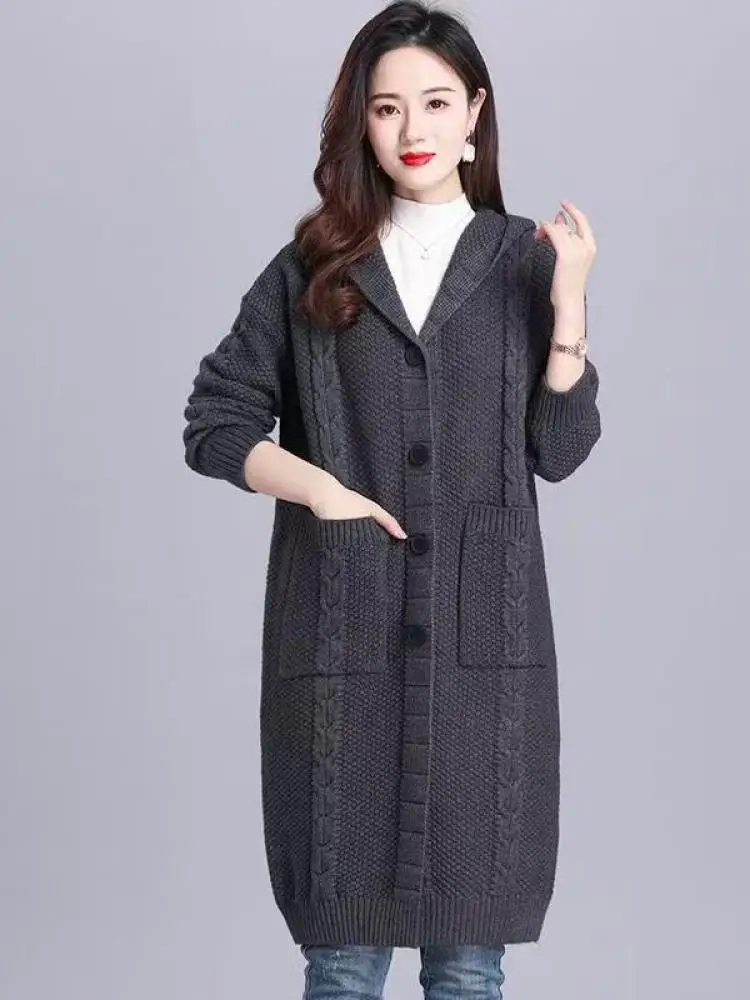 

Korean Women's Solid Single Breasted Hooded Cardigan Sweater Autumn Winter Long Sleeved Pocket Knitted Tops Fashion Streetwear
