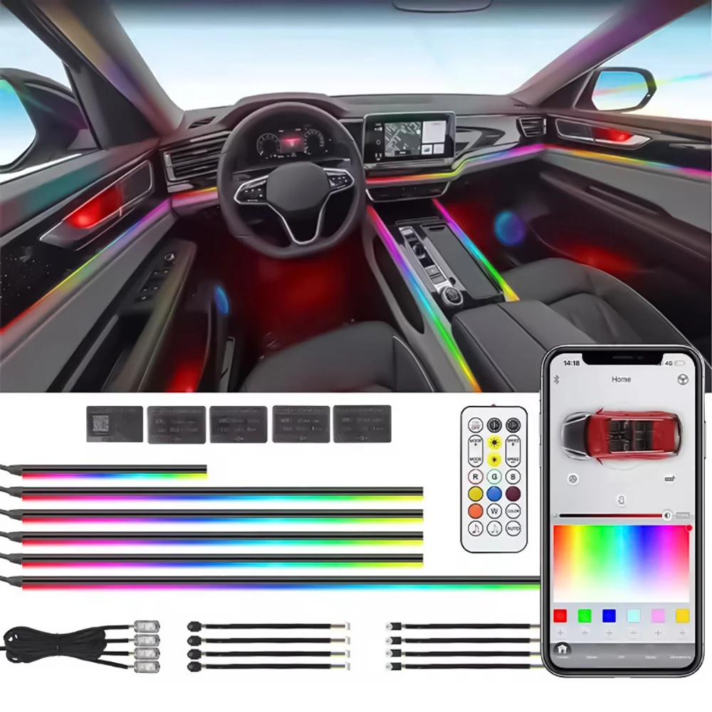 6in1 Car Interior Acrylic Guide Fiber Strip 18 in 1 Backlight Car Ambient Lights RBG 64 Color Decoration Atmosphere Lamp earu