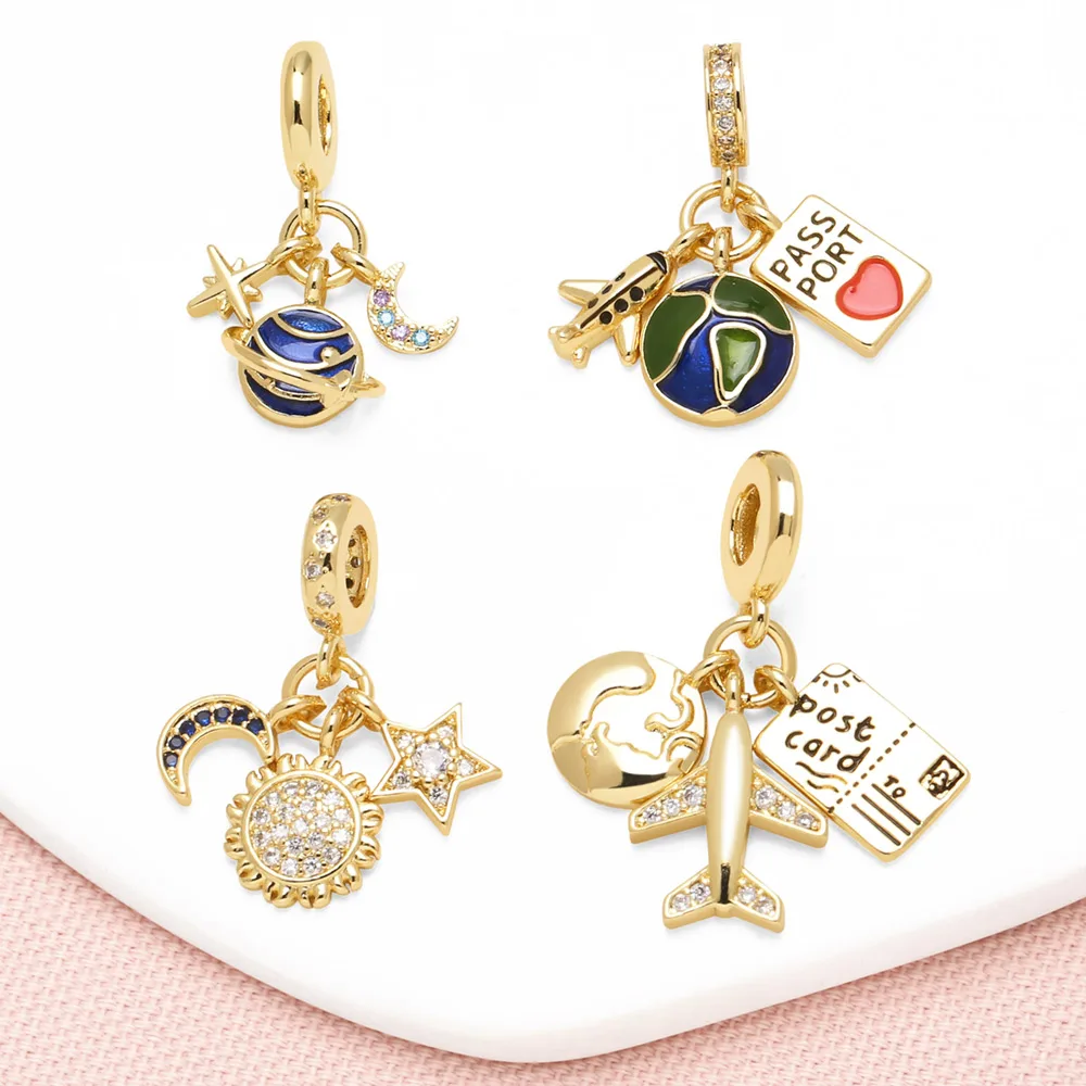 OCESRIO White Crystal Airplane Sun Moon Star Pendant for Necklace Copper Gold Plated Travel Jewelry Making Component pdtb271