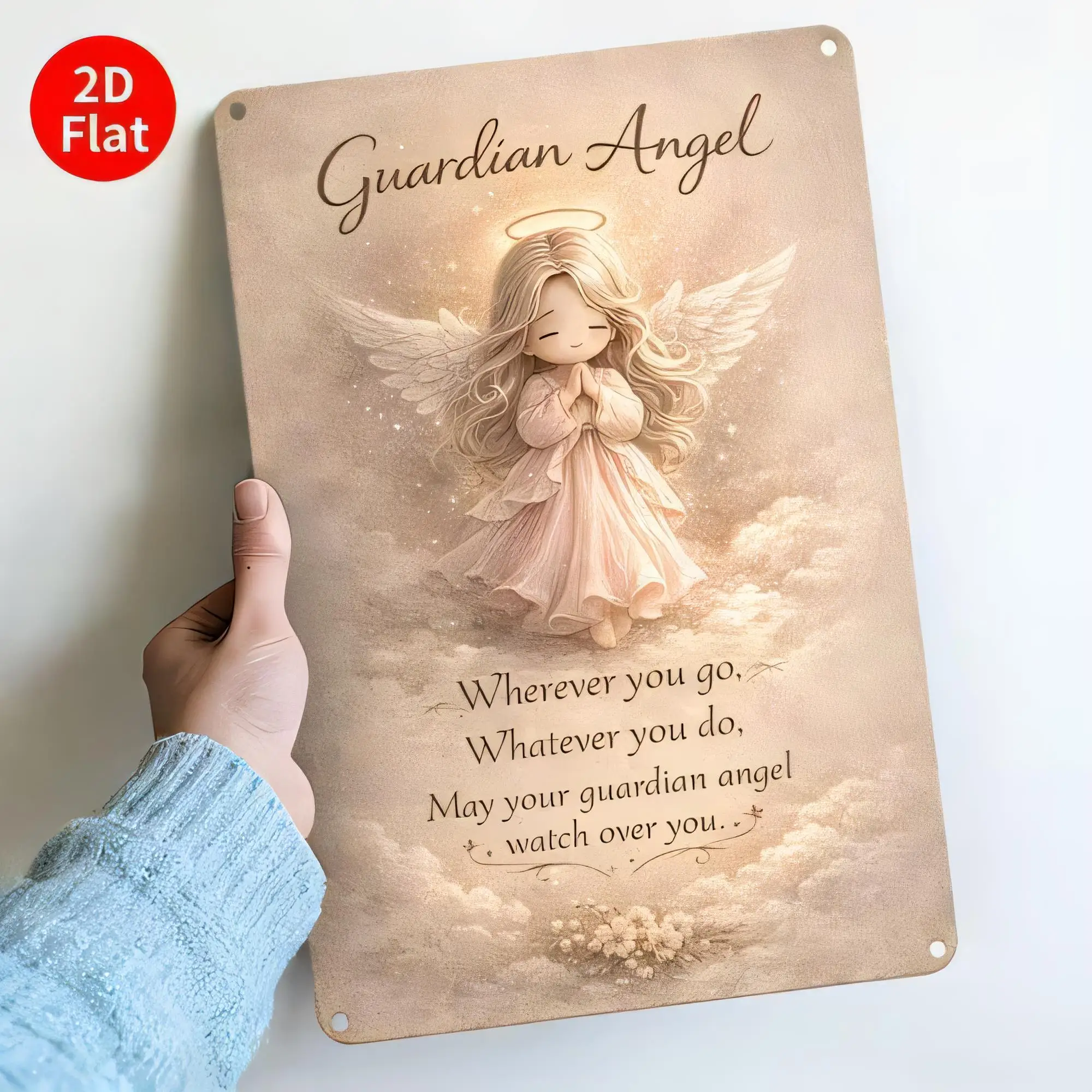 Tin Sign Guardian Angel Plaque Vintage Angel Wings Wall Art Quote “Wherever you go, May your guardian angel watch over you” Rust