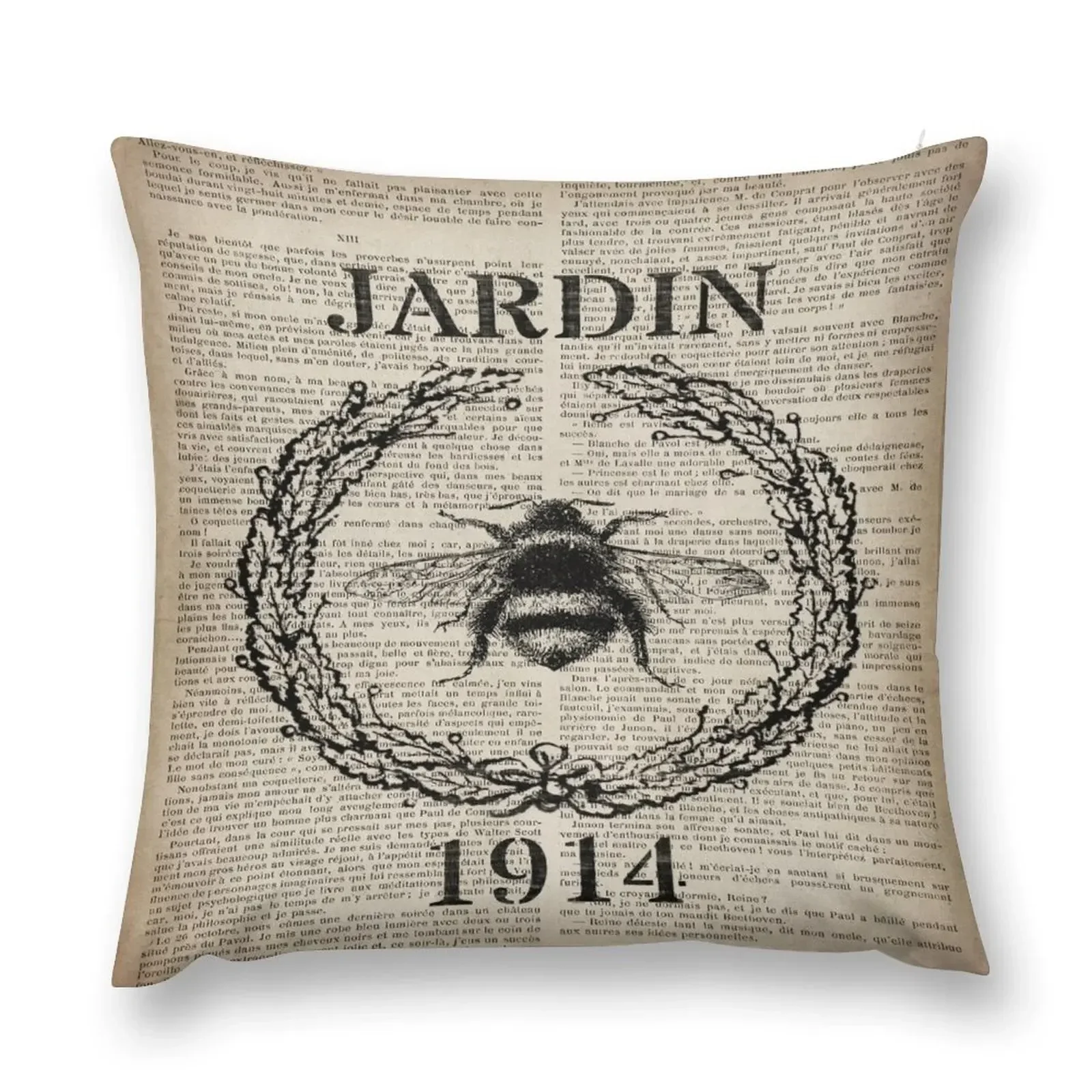 

1980s dark academia newspaper print french country paris vintage bee Throw Pillow Pillow Decor Pillowcases pillow