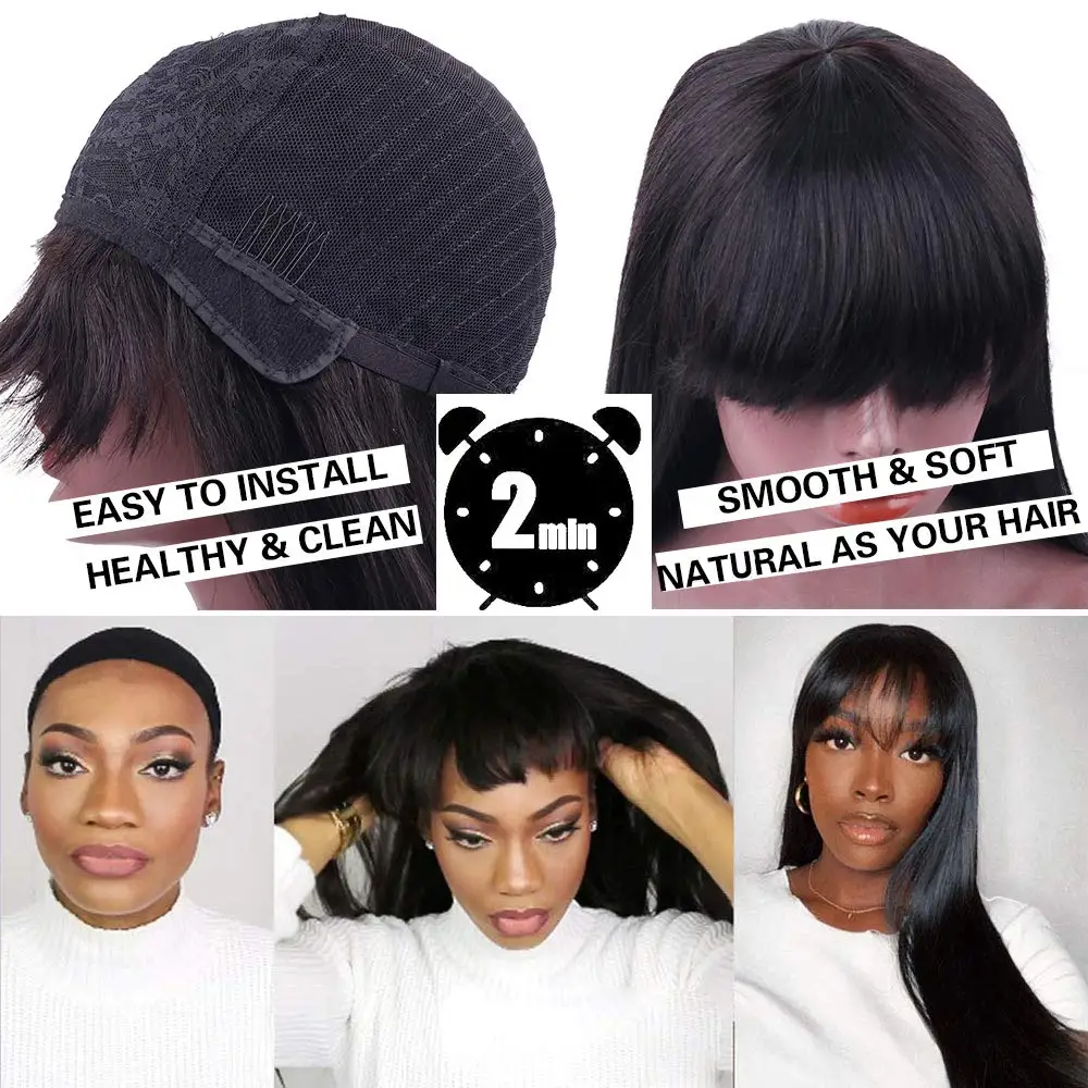 Straight Fake Scalp 100% Human Hair Wig With Bangs Natural Hairline For Women Brazilian Short Bob Wigs 30 36 Inch Fringe Wig