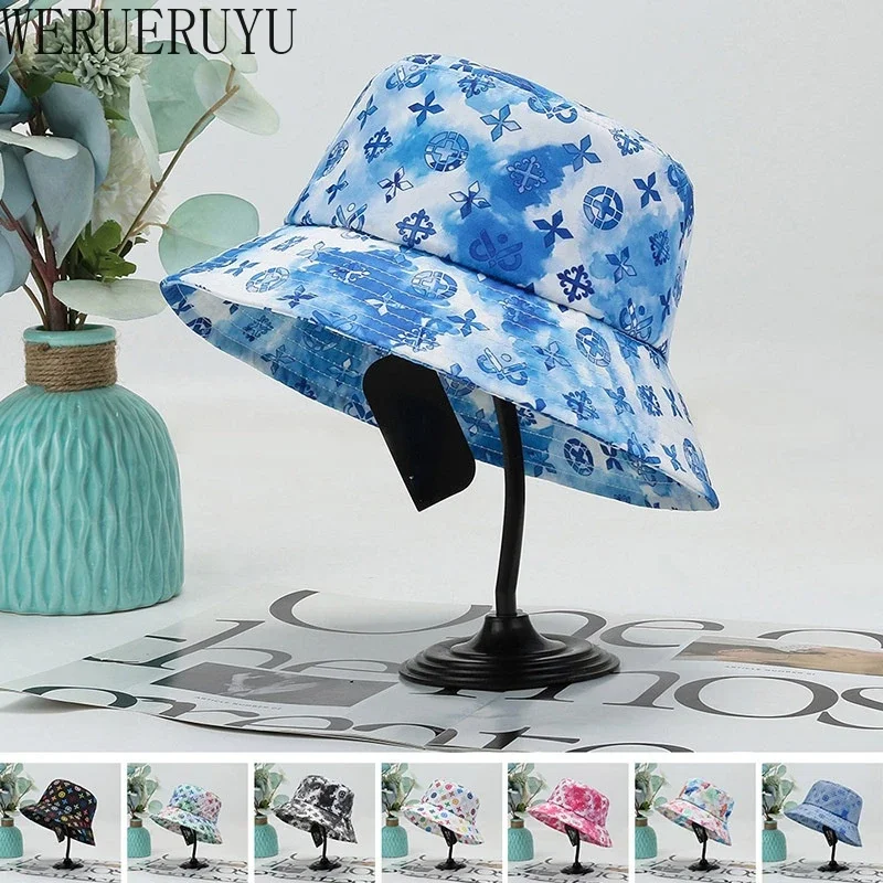 Women Harajuku White Summer Bucket Hat for The Sun Korean Fashion Caps Vacation Outdoor Beach Golf Sun Protection Print Hat 2024