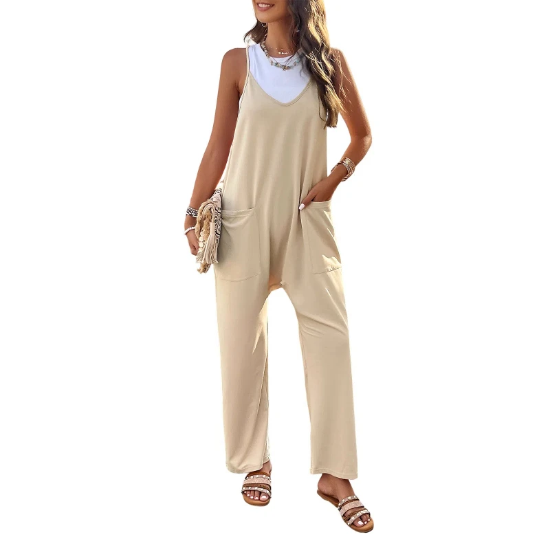 Women's Spring summer Casual V-neck Solid Color Slim Fit Camisole Jumpsuit