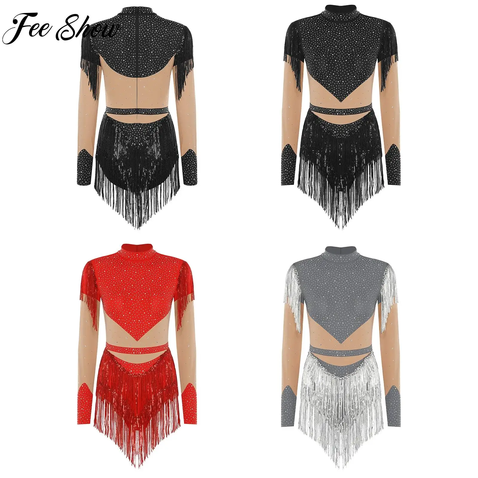 

Women Tassel Figure Skating Bodysuit Sequin Rhinestone Long Sleeve Jumpsuit for Latin Cha-cha Dance Class Party Performance Wear