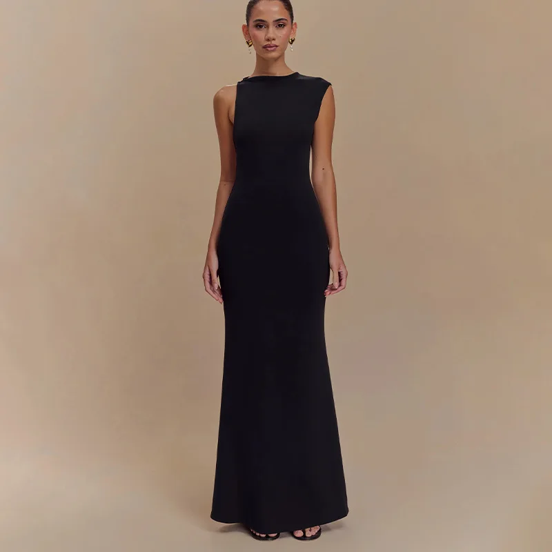 Elegant Solid Color Women Evening Party Maxi Dresses New Design Sleeveless Slim Dress Summer Lady Sexy Backless High Waist Gowns
