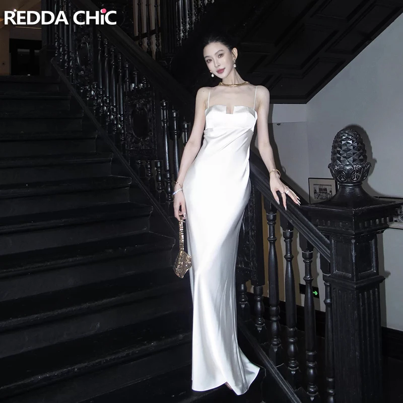 REDDACHiC Satijn Witte Feestjurk Vrouwen Vierkante Beha Backless Hemdje Bodycon Maxi Lange Jurk Bruiloft Gast Elegante Formele Kleding