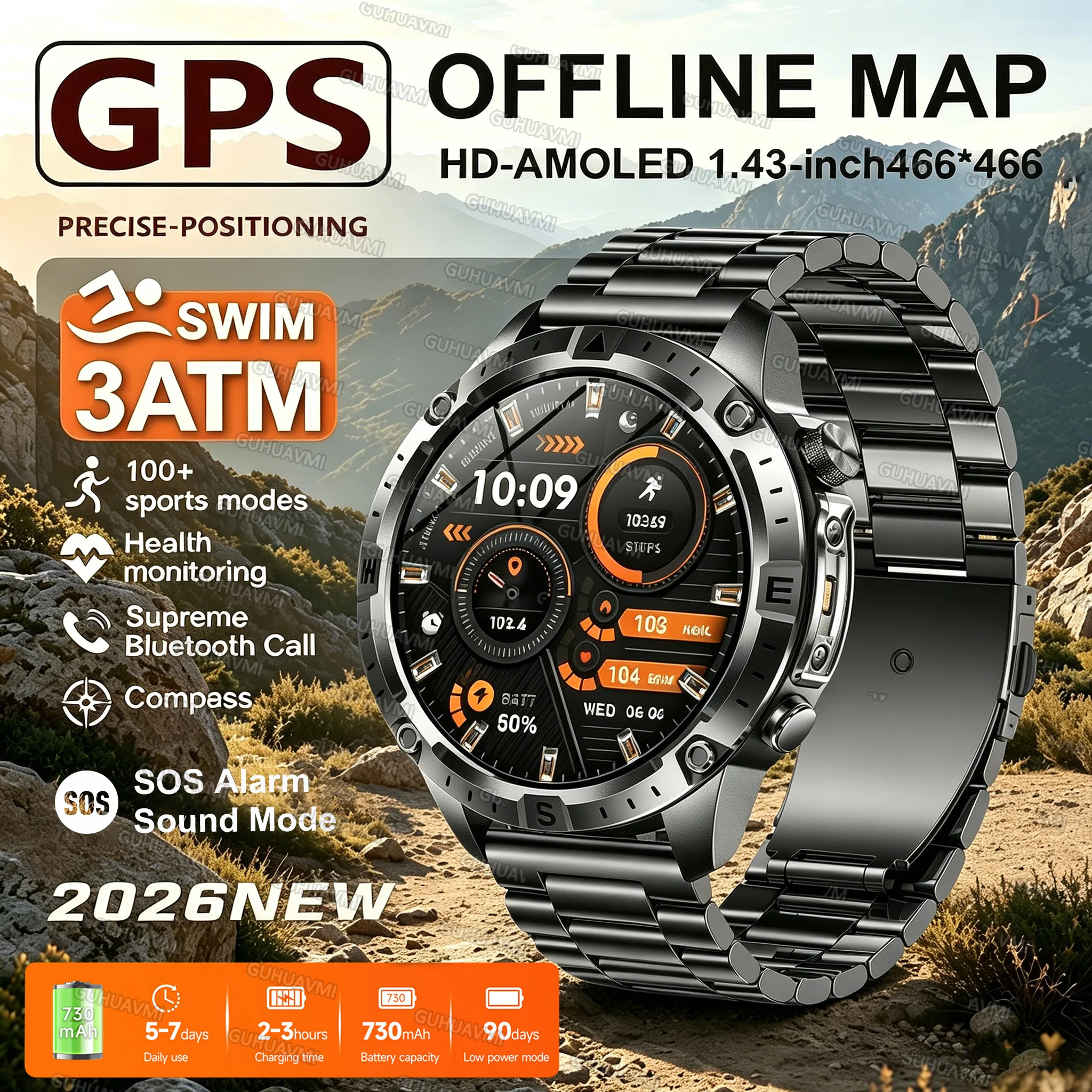 

Новые смарт-часы 2026 года с GPS и офлайн-картами, 2 ГБ памяти, HD AMOLED, для здоровья и спорта, водонепроницаемые IP68, военные смарт-часы для мужчин и женщин