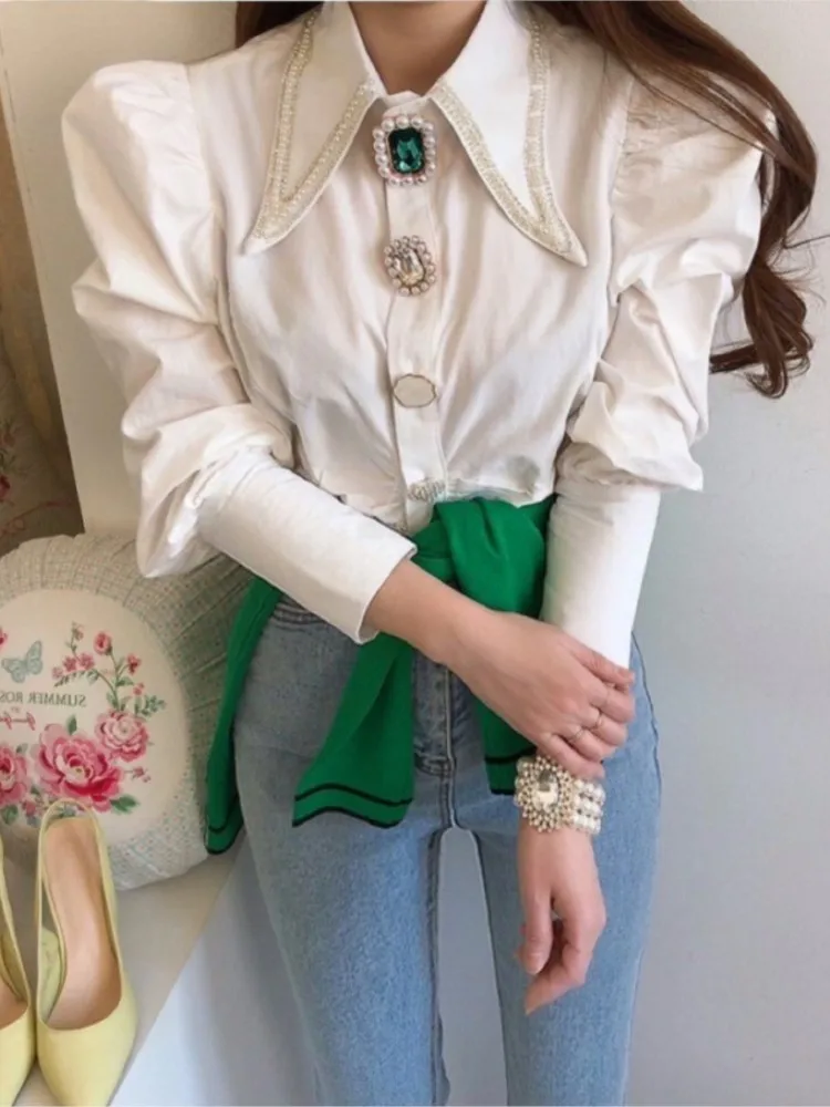 

French Elegant Shirts Women Pointed Collar Long Puff Sleeve Pearl Button Loose Vintage White Blouse 2023 Spring New Shirt Tops