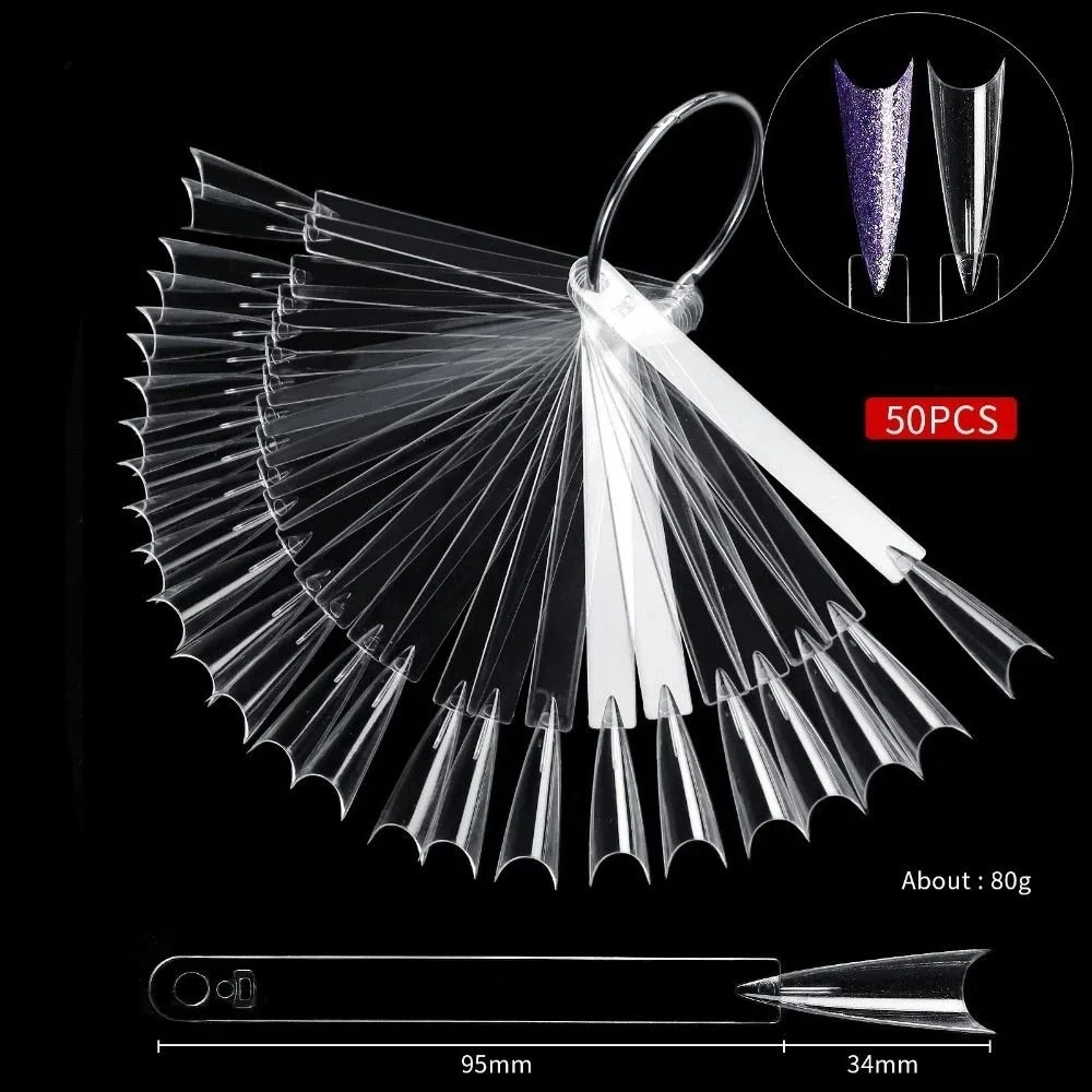 50pcs Clear Nail Sample Sticks with Rings Nail Swatch Nail Practice Display Tips Fan-Shaped False Nail Tips Nail Display Sticks