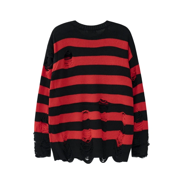 High Street sueter de rayas rojas y negras para hombre Jersey informal de cuello redondo con borlas y agujeros rasgados estilo Retro Punk ropa de otono AliExpress