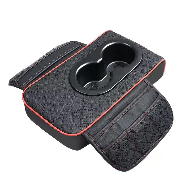 2026 Car Armrest Heightening Pad, Breathable Leather Center Console Elbow Rest with Cup Holder & Storage Pocket
