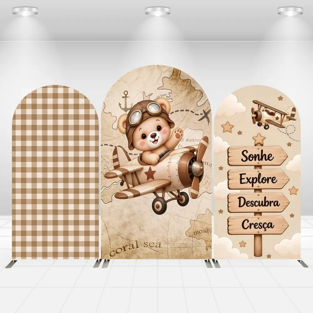 Adventure-Themed Party Chiara Arch Backdrop Cover Pilot Baby Bear Arched Wall Brown Plaid Background Newborn Photo Studio