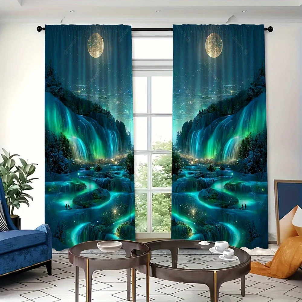 A Set of Curtains Showcasing Patterns of Mountains, Waterfalls, And Rivers Under The Aurora, Ideal for Valentine'S Day Decoratio