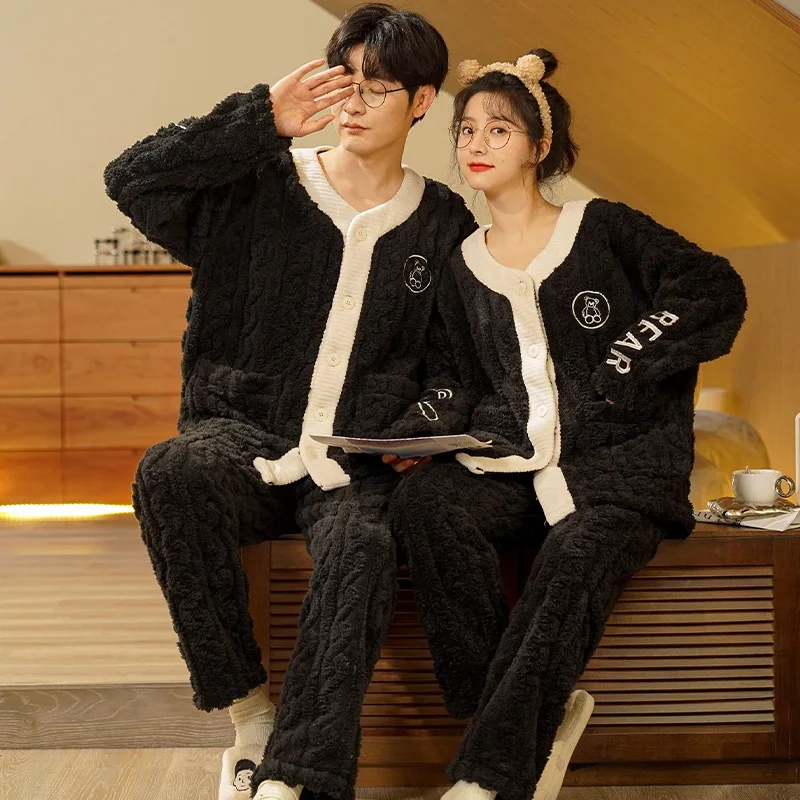 

Coral Fleece Pajamas Couple Winter Men And Women Matching Thickened Suit Kimono Flannel Winter Sleepwear roupa de dormir