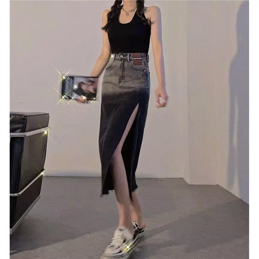 

High Waist A-Line Midi Denim Skirt for Women Side Slit Trendy Street Sle Bodycon Skirt Spring Autumn New Arrival
