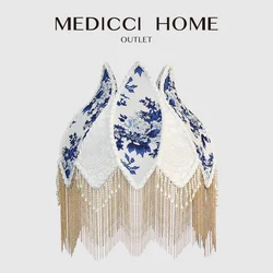 Medicci Home French Retro Blue And White Porcelain Floral Lampshade With Pearl Tassel Luxury Desk Lamp Shade Floor Pendant Light