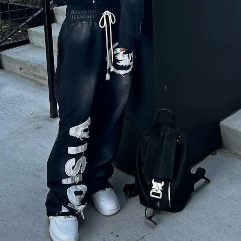 

Эстетическая ткань с надписью Y2K в стиле гранж, новые повседневные свободные брюки прямого кроя в стиле ретро для мужчин и женщин