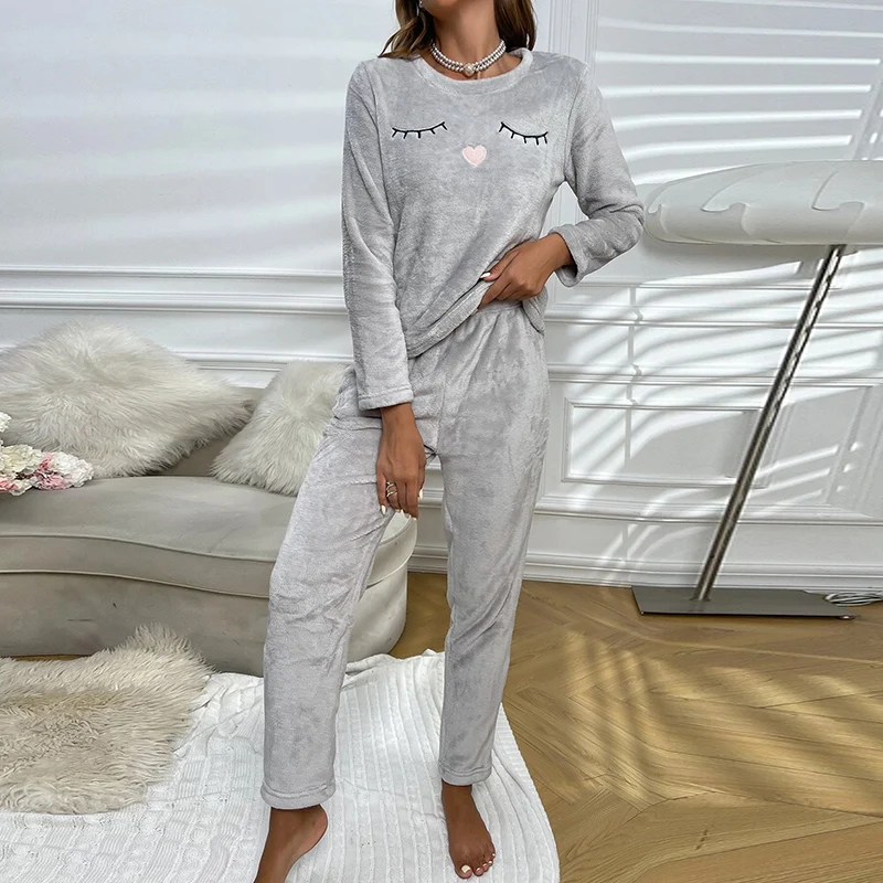 Women\'s Eyelash & Cloud Pattern Flannel Thicken Casual Pajama Set Winter Long Sleeve Tops Pants Sleepwear Soft Comfort Homewear