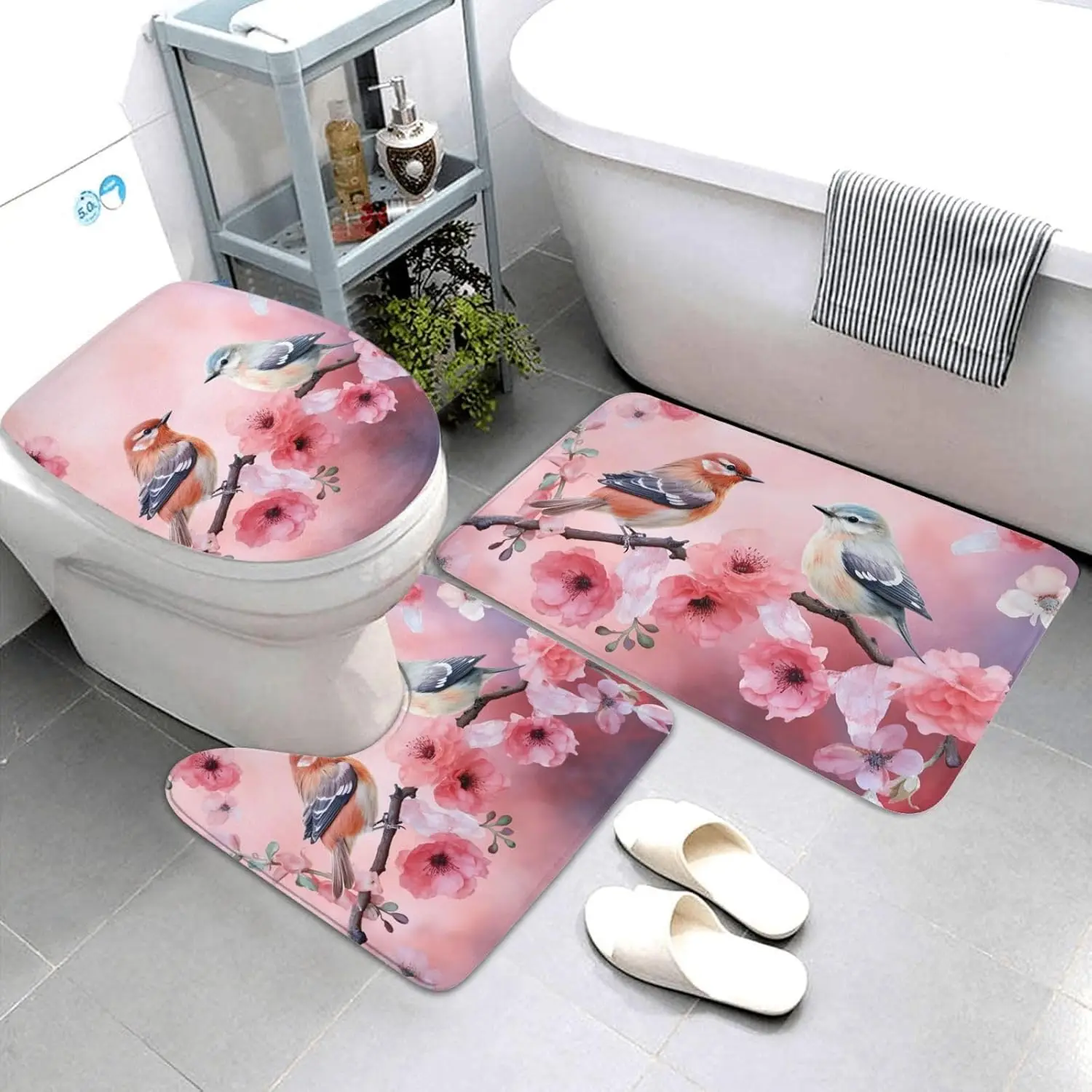 

Bathroom Rugs Set 3 Piece Bath Mat Set Non-Slip Bath Rugs Flowers And Birds Bath Mat Washable Bathroom Rug Mats For Bathroom