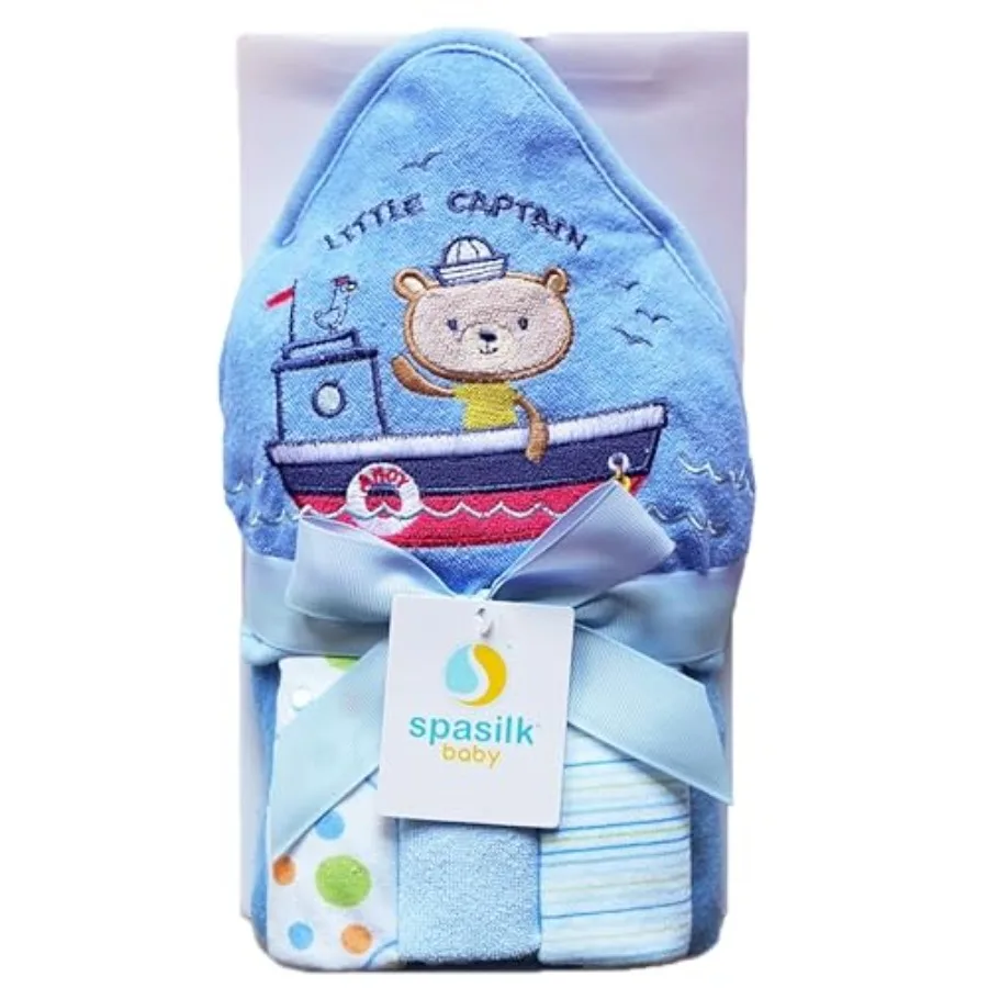 

Hooded Bath Towel and Washcloths Set for Newborns, 1 Soft Terry Baby Towel and 3 Baby Washcloths, Baby Essentials, Ideal,,Blue