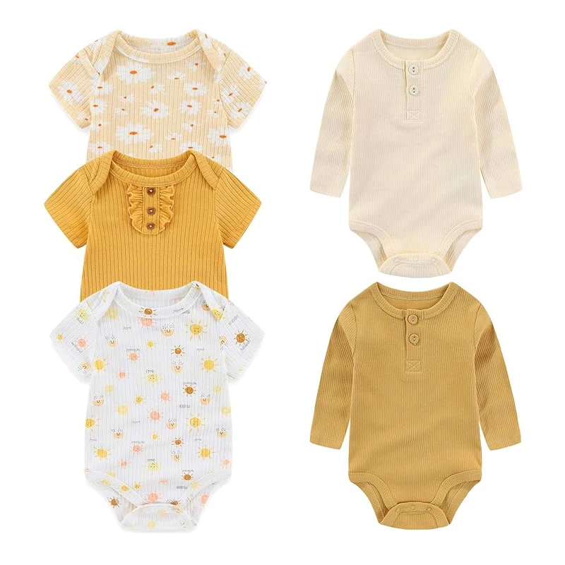 Unisex 5 Pieces Newborn Baby Boy Clothes Ribbed Pattern 0-12M Cotton Baby Girl Clothes Autumn Cartoon Baby Bodysuits