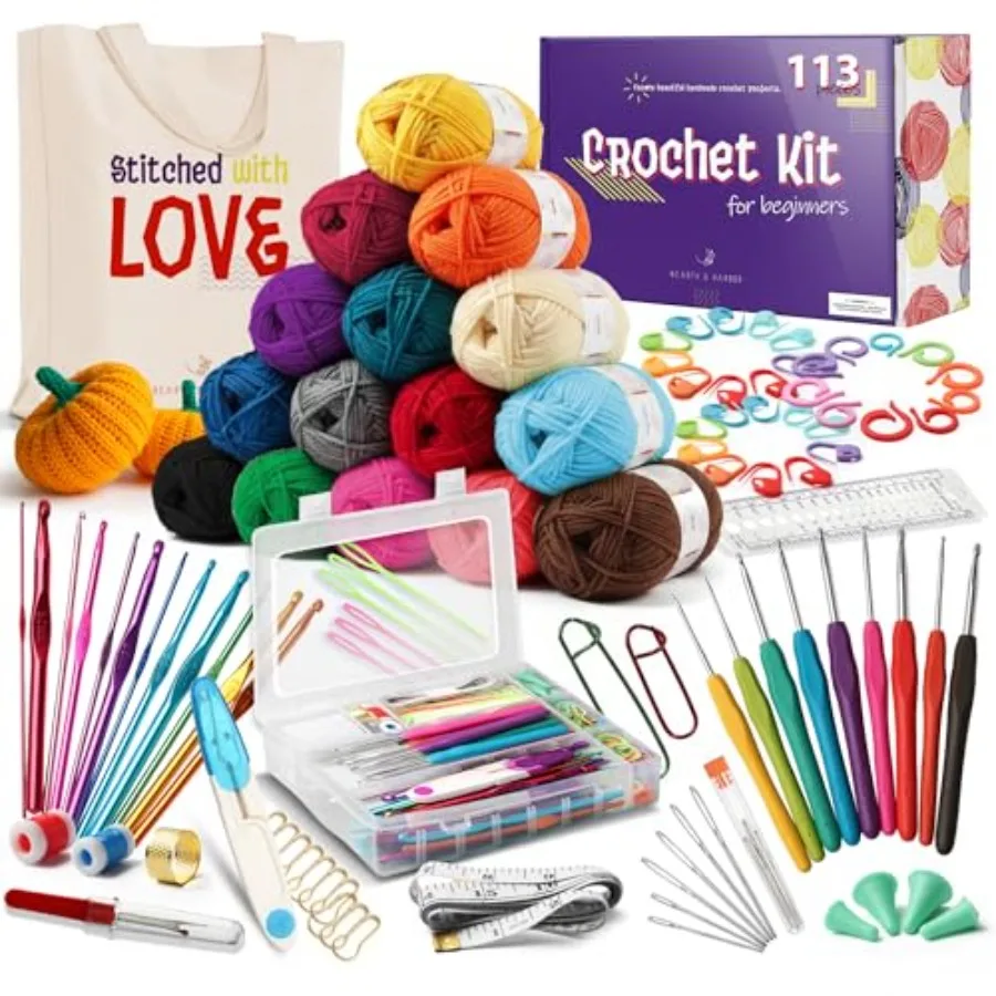 

Crochet Kit for Beginners Adults and 113 Piece Knitting and Crochet Supplies 1500 Yards Assorted Yarn 21 Ergonomic Hooks Plus M