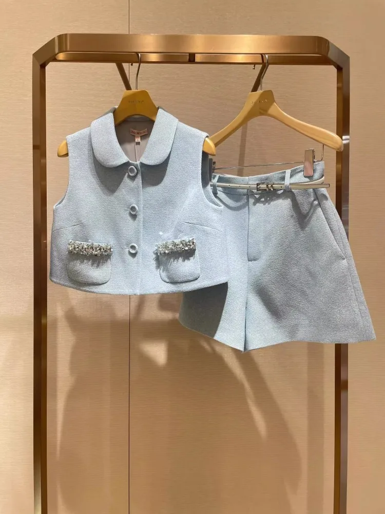 French Style Diamond Shiny Women Fashion Spring Summer Sets Sleeveless Elegant Two Piece Set Belt Show Waist Above Knee Outfits