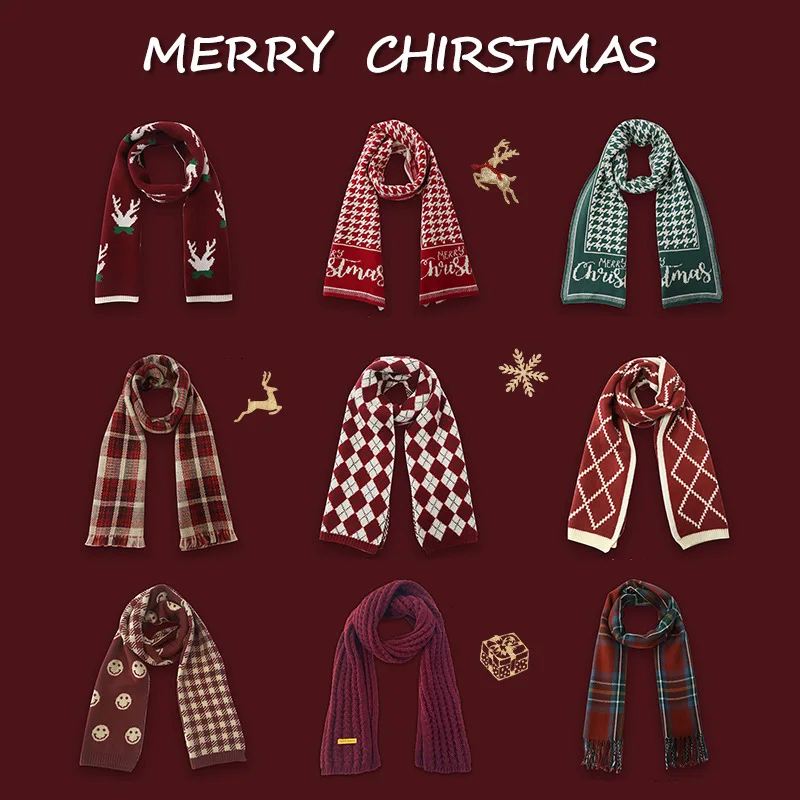 2022 Autumn Winter New Year Cute Pattern Plaid Women\'s Knit Scarf Neck Collar Keep Warm Thickened Girls Christmas Scarves Gift