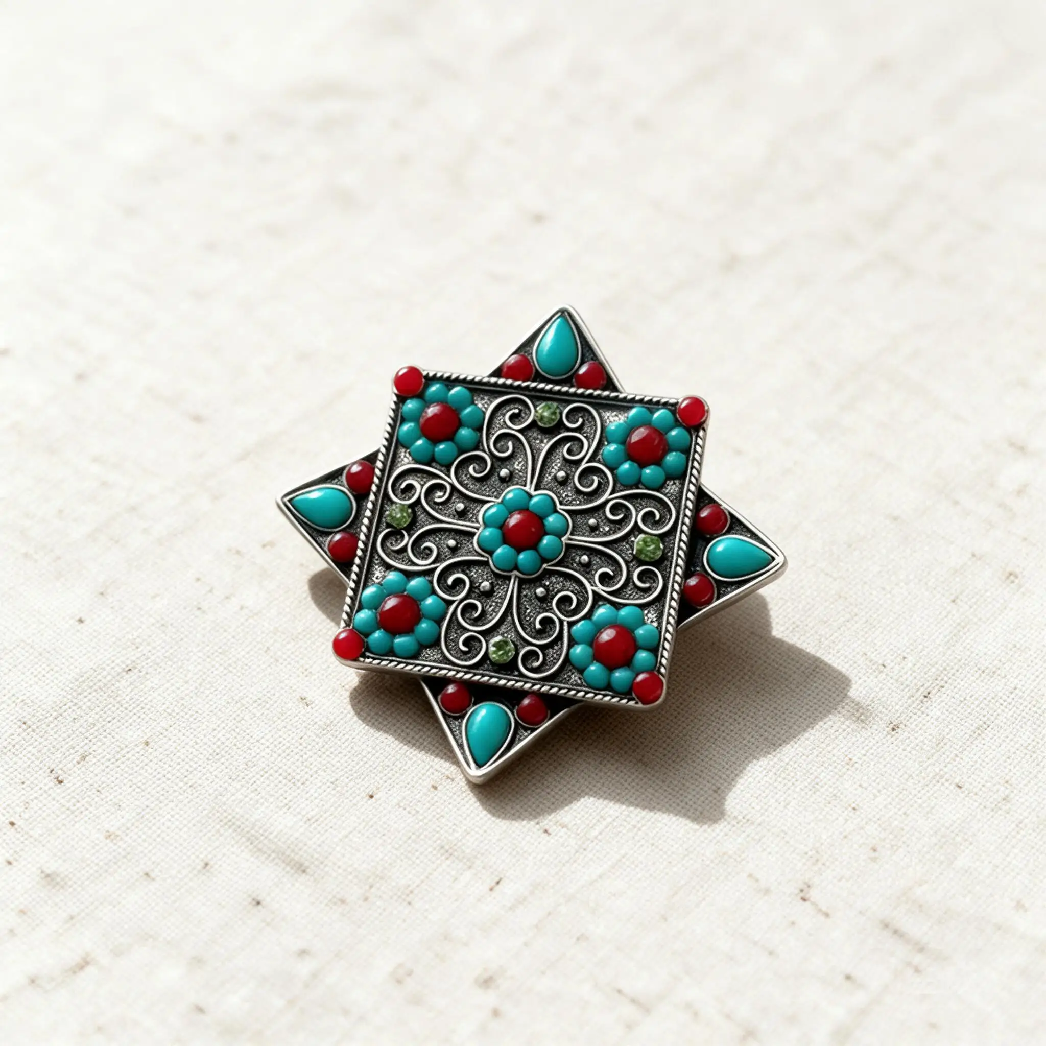 Vintage Ethnic Tibetan Style Octagonal Star Carved Rhinestone Brooch Faux Turquoise Antiqued Pin Dual Use For Coats Shawls Decor