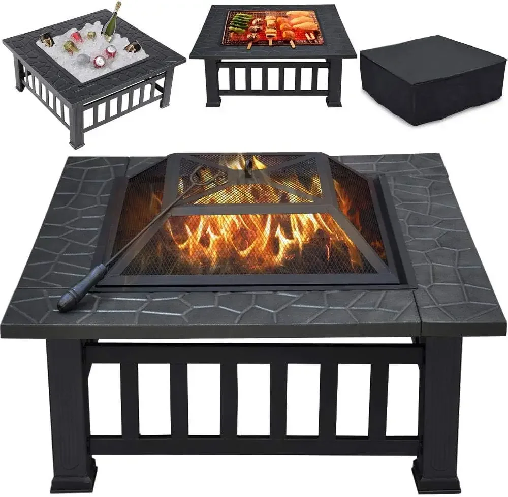 Multifunctional Fire Pit Table 32in Square Metal Firepit Stove Backyard Patio Garden Fireplace for Camping, Outdoor Heating