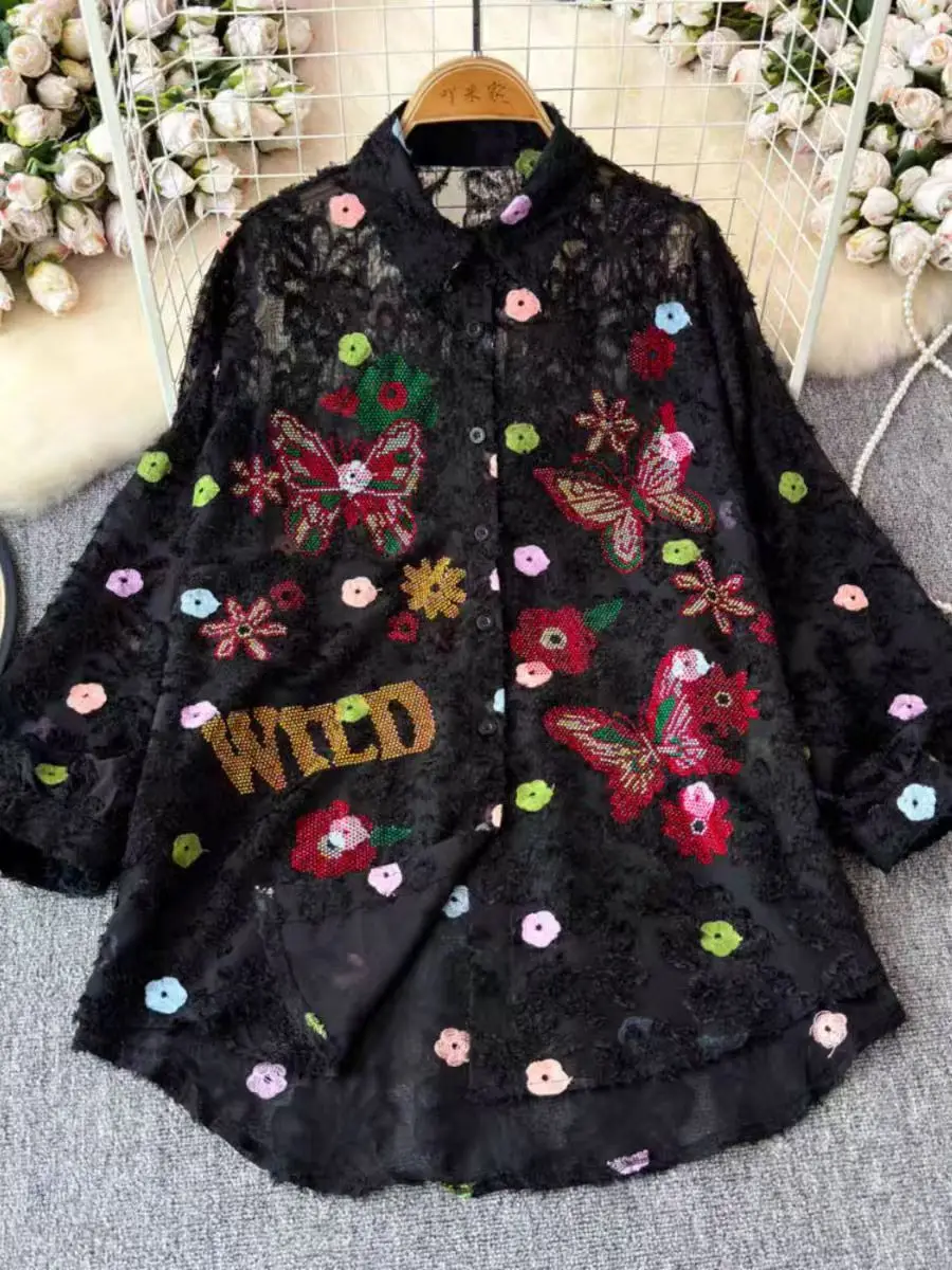 New 2024 Autumn Embroidery Sequined Hot Drilling Loose Casual Shirts Woman Mid-length Single Breasted Blouses Ladies Top Blusas