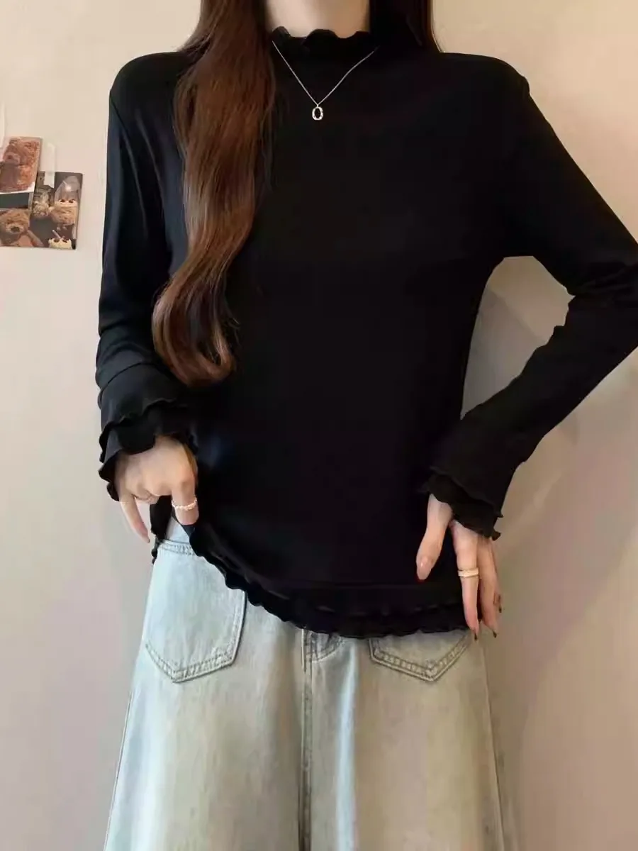 

Bla Long Sve T-irt Women's f High Collar Inner Wear Base Layer Top Large Size plus Size Faion Spring 2026