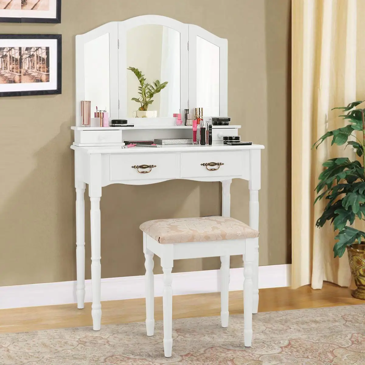 Vanity Set with Tri-Folding Mirror, Makeup Dressing Table with 4 Drawers and Storage Shelf, Modern Bedroom Bathroom, Customized