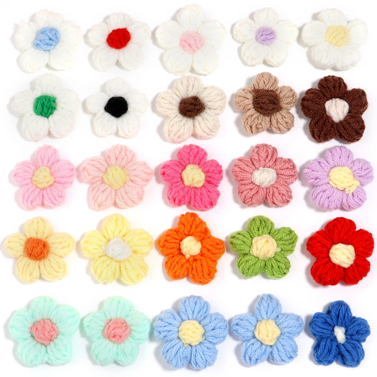 10Pcs Hand-knitted Flowers Mini Colorful Flower Floral Applique Sew Patches for Clothing Hat Wedding Decor DIY Craft Supplies