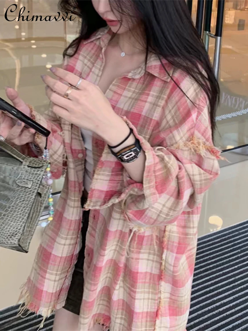 

Retro Contrast Color Check Fringe Loose Mid-Length Top Women Spring and Autumn New Fashion Long-sleeve Casual Pink Shirt Coat