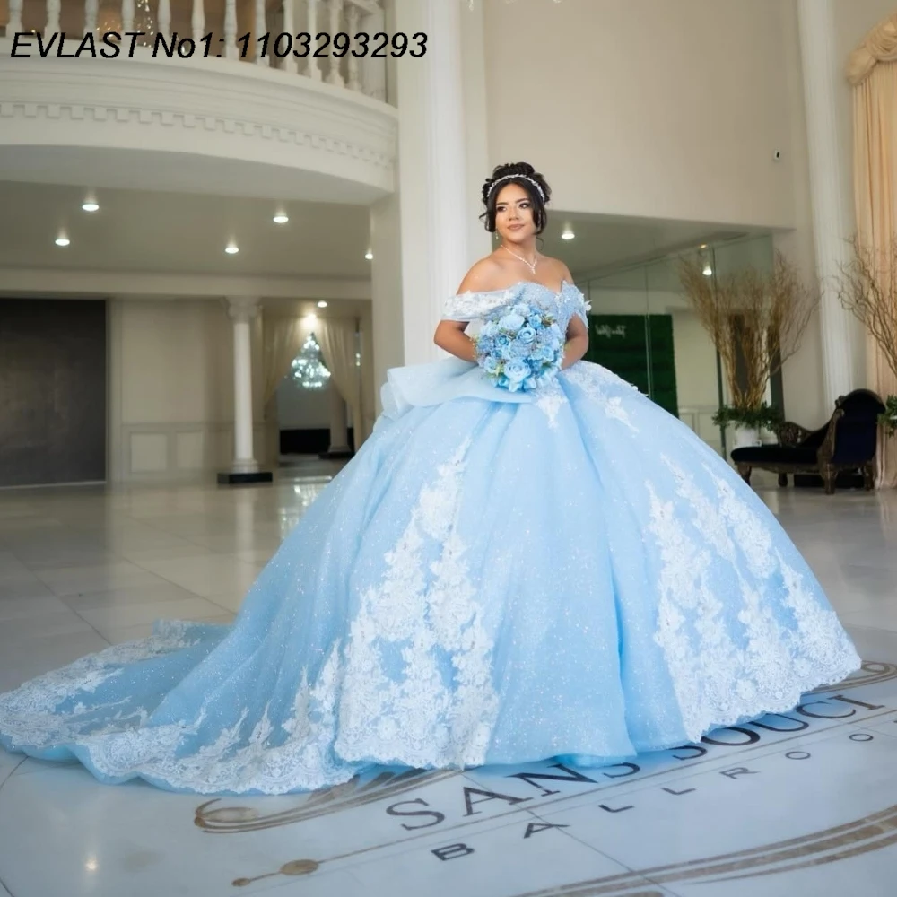 EVLAST Personalizzato Cielo Blu Abito Quinceanera Abito di Sfera Bianco Applique di Pizzo Perline Corsetto Arco Dolce 16 Vestido De 15 Anos E1Q157