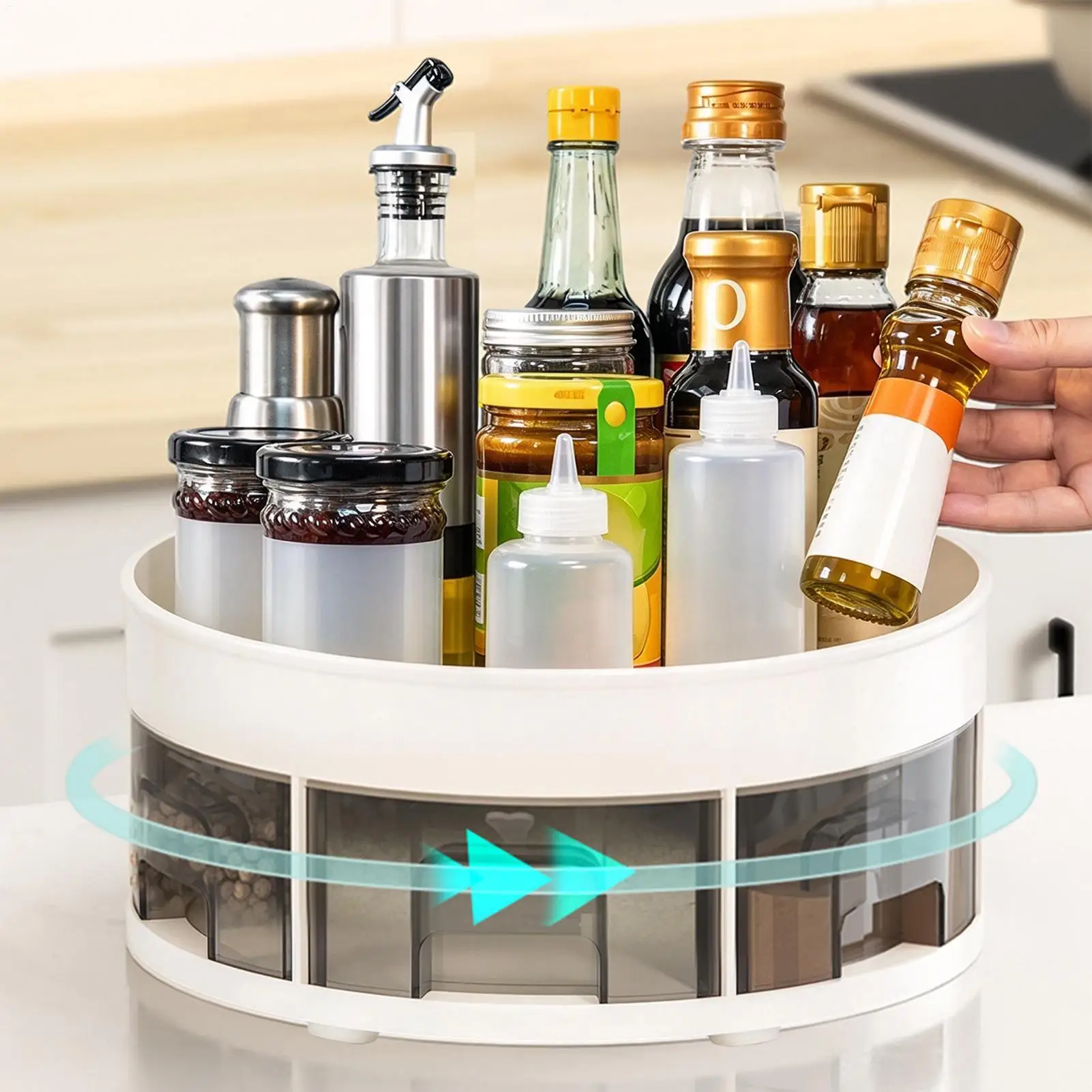 Turntable Organizer For Kitchen 11.8 Inch Rotating Tray With 6 Drawers Seasoning Storage Organizer With 6 Spoons For Countertop